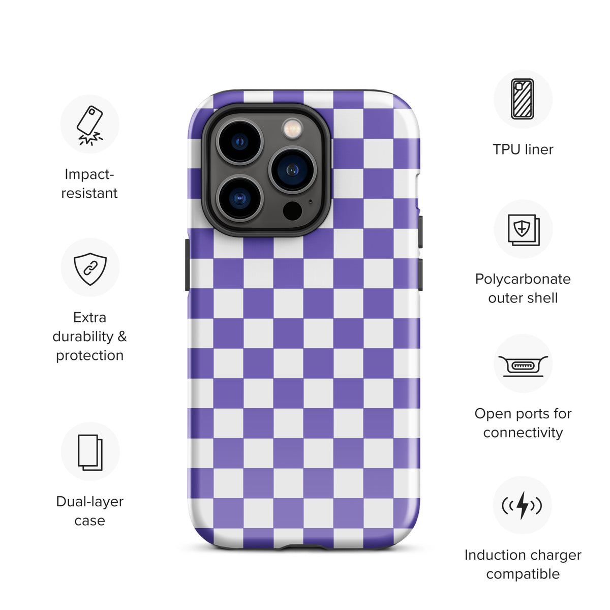 Phone Case for iPhone with purple and white checkered pattern, features impact-resistant TPU liner and polycarbonate shell.