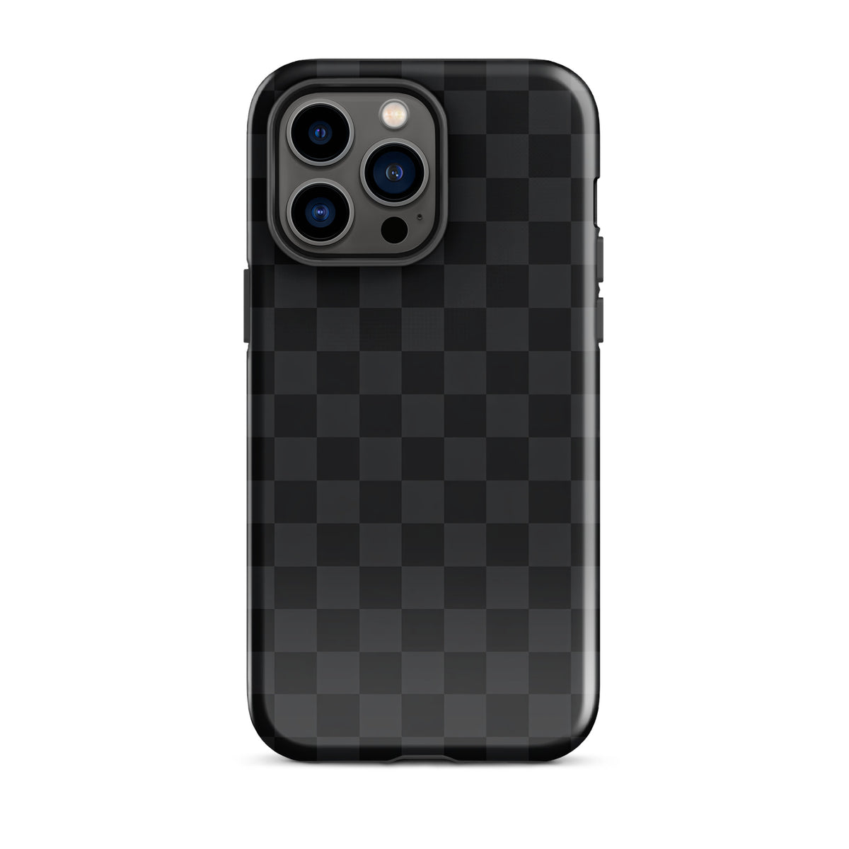 Phone Case with black and charcoal checkered design for iPhone, sleek and modern for minimalists, adds sophistication and protection.