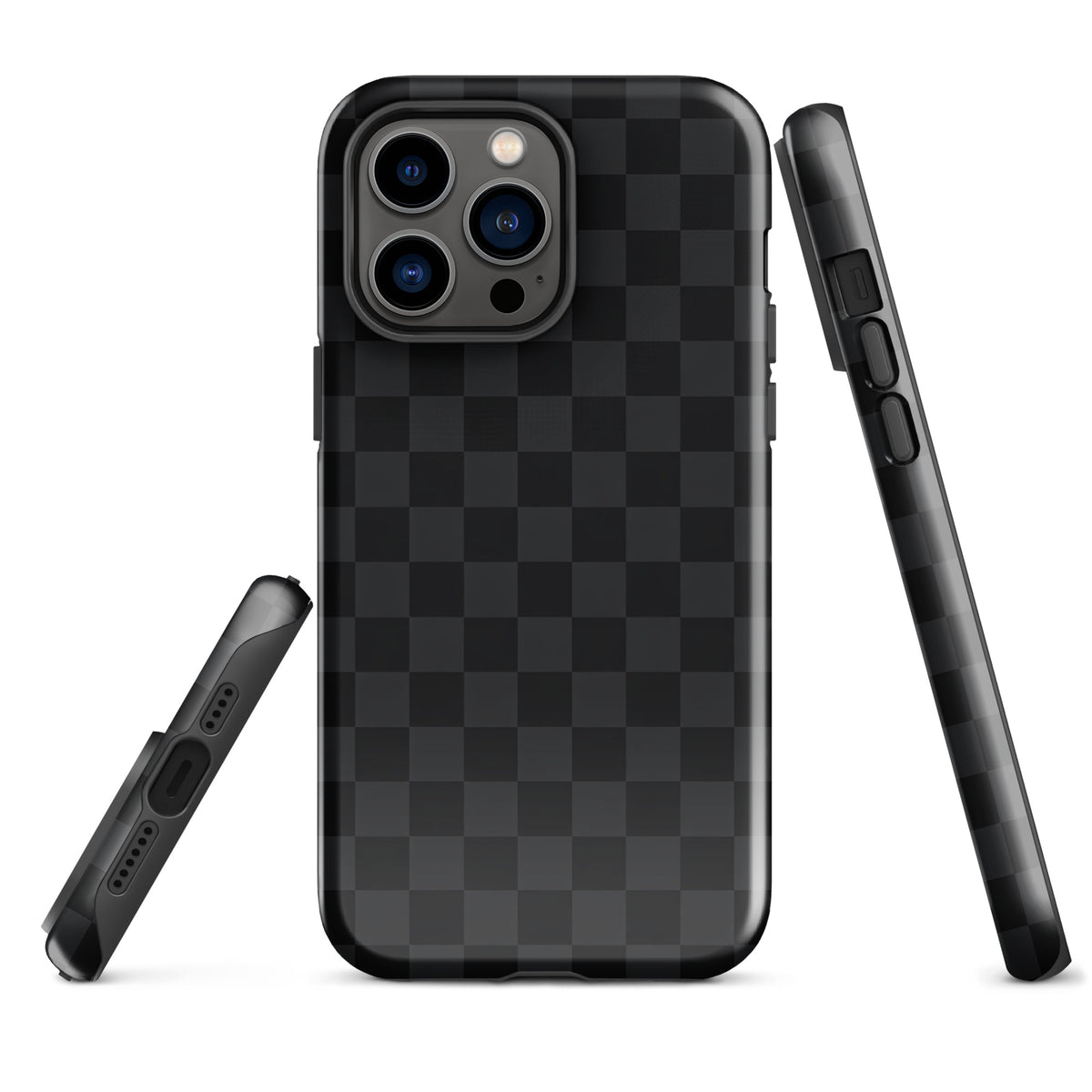 Phone Case for iPhone with black and charcoal checkered design, modern minimalist style, showcasing protection and sophistication.