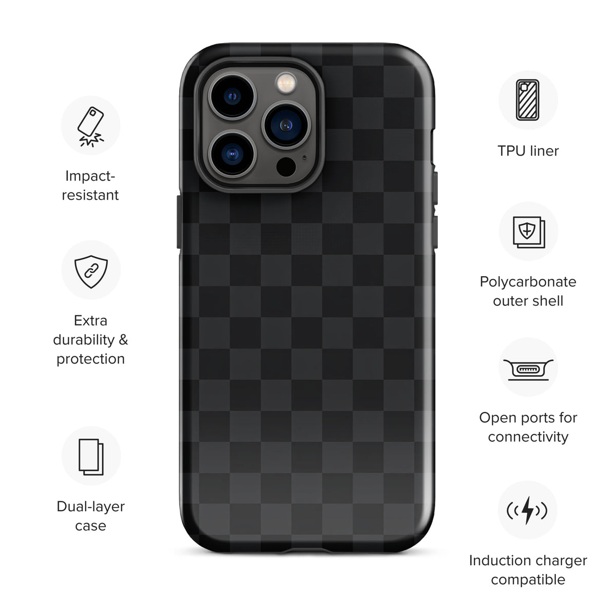 Phone Case for iPhone with black and charcoal checkered design, impact-resistant, dual-layer with TPU liner and polycarbonate shell.