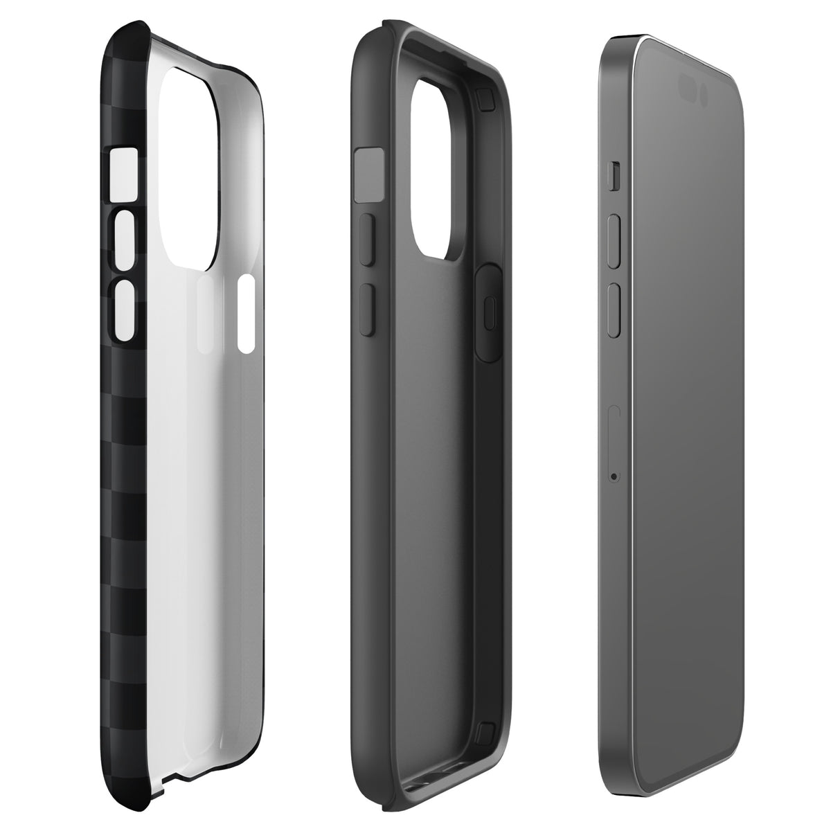 Phone Case for iPhone with black and charcoal checkered design, modern minimalist accessory providing stylish protection.