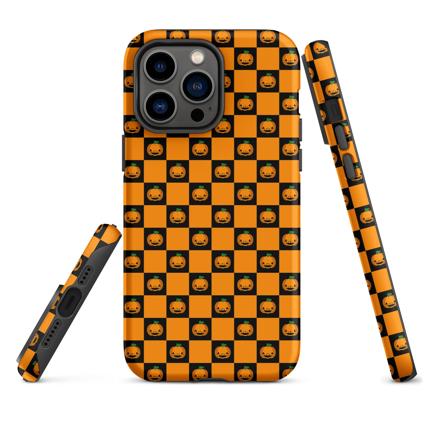 Phone Case with playful pumpkin checkered Halloween design, featuring black and orange squares with jack-o’-lanterns.