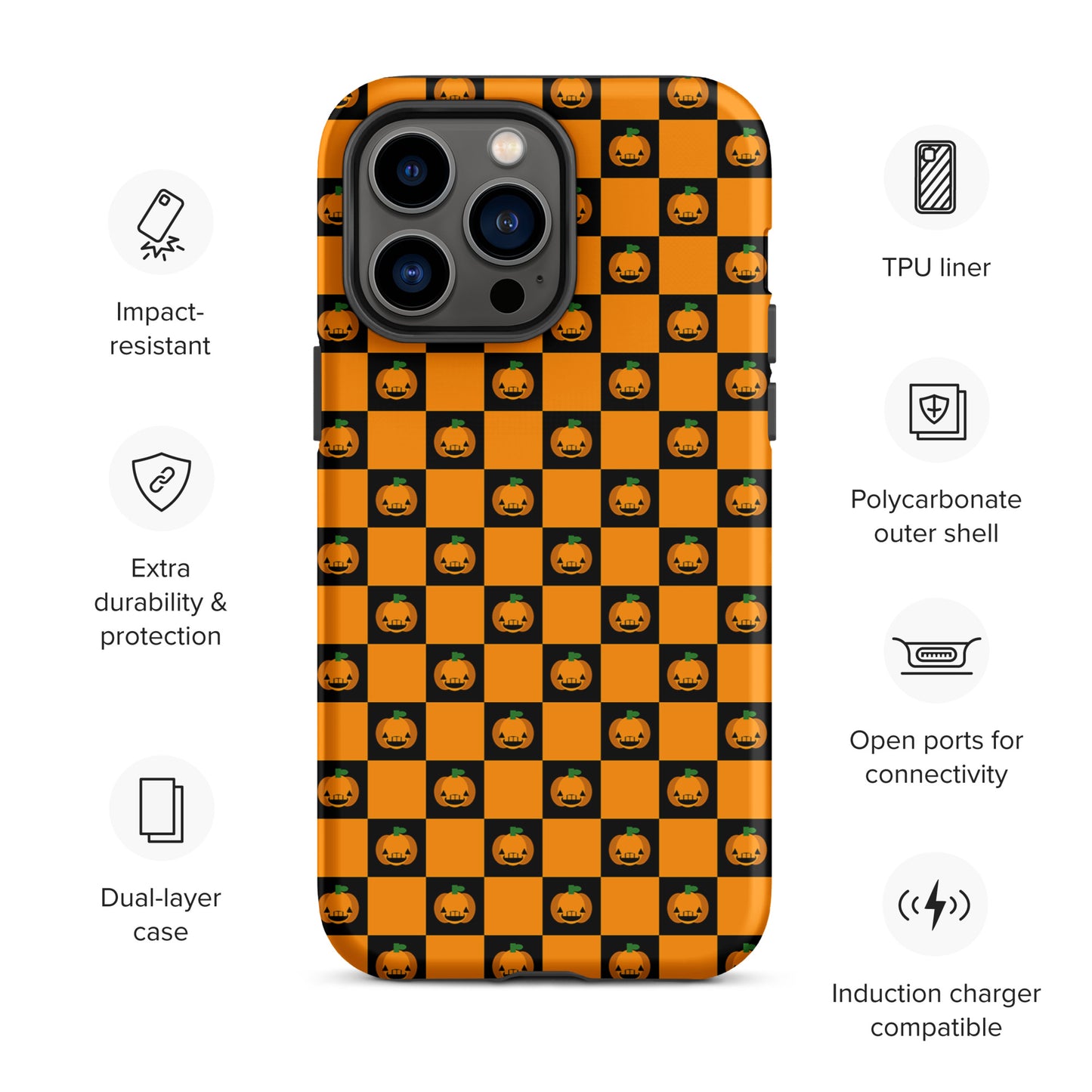 Phone Case with playful pumpkin checkered Halloween design for iPhone featuring jack-o'-lanterns on a black and orange pattern.