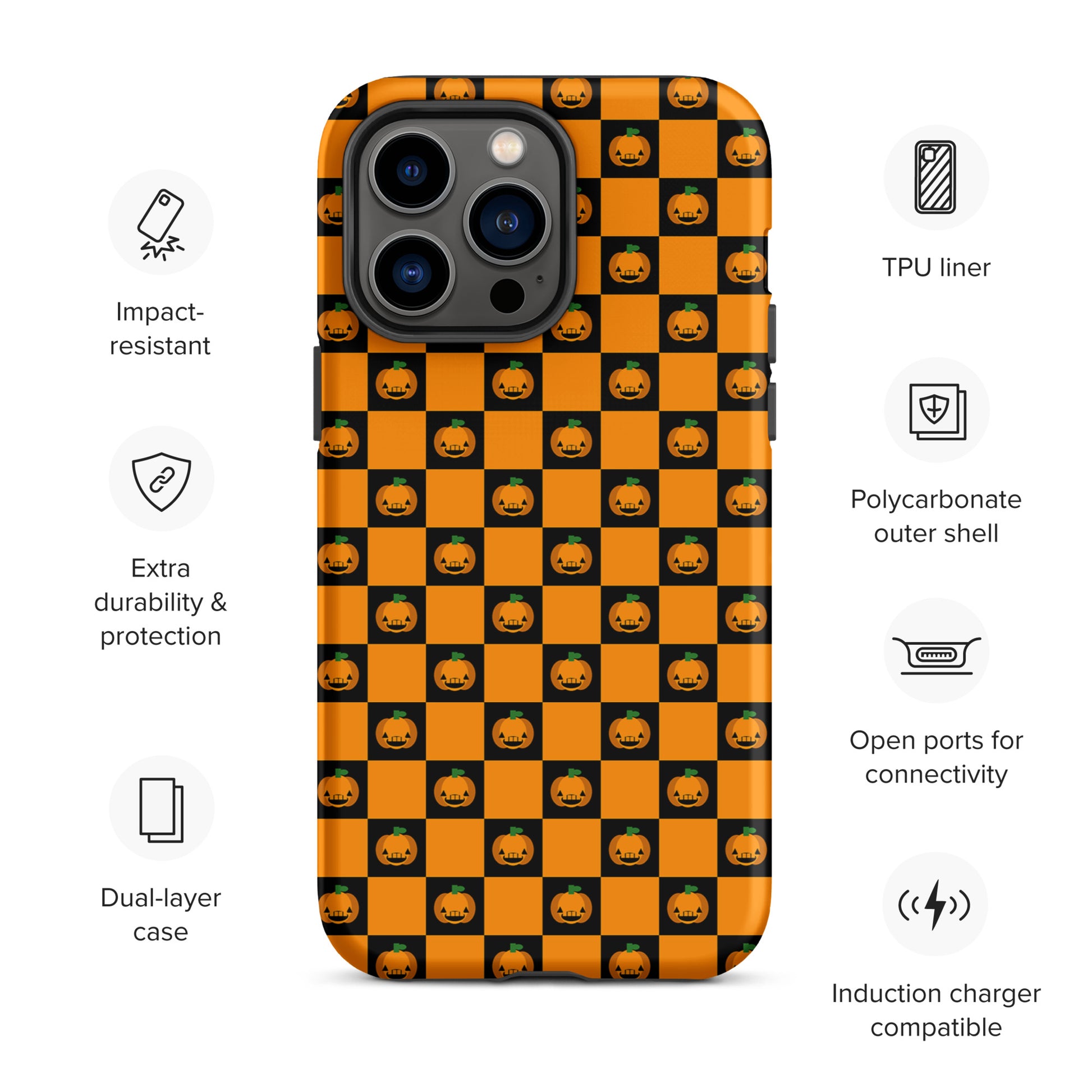 Phone Case with playful pumpkin checkered Halloween design for iPhone featuring jack-o'-lanterns on a black and orange pattern.