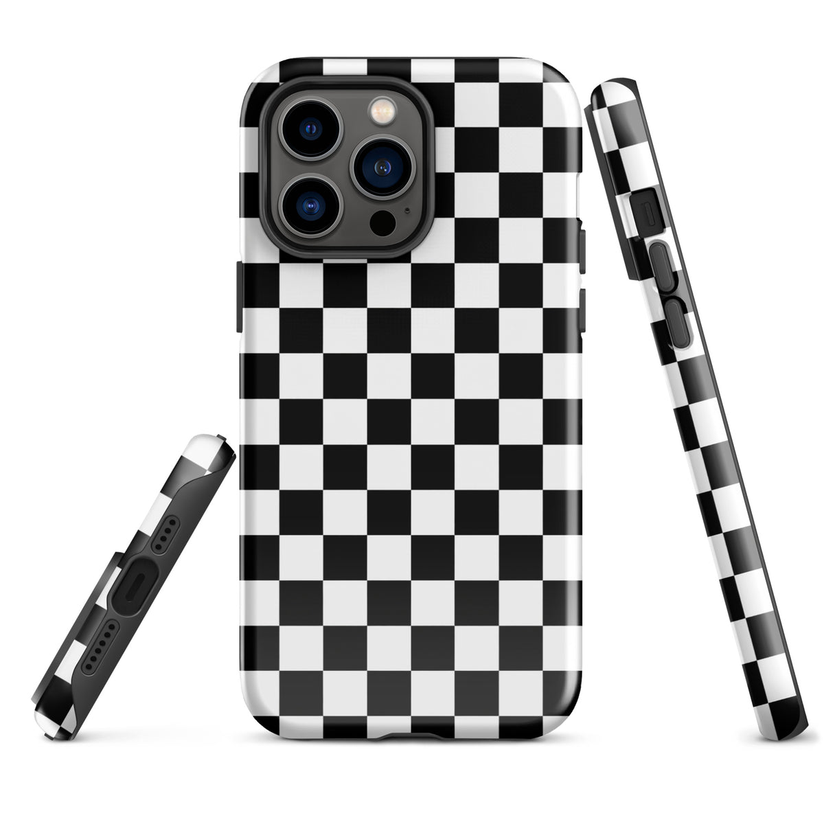 Phone Case for iPhone with bold checkered pattern in black and white, tough and stylish for everyday use.