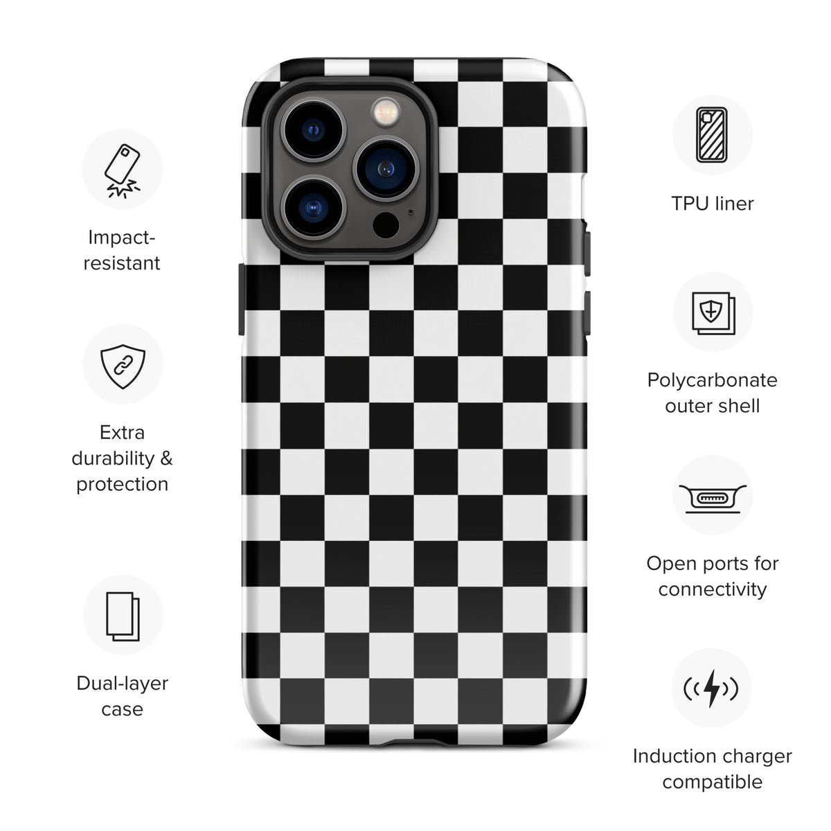 Phone Case for iPhone with bold black-and-white checkered pattern, tough dual-layer protection, and induction charger compatibility.