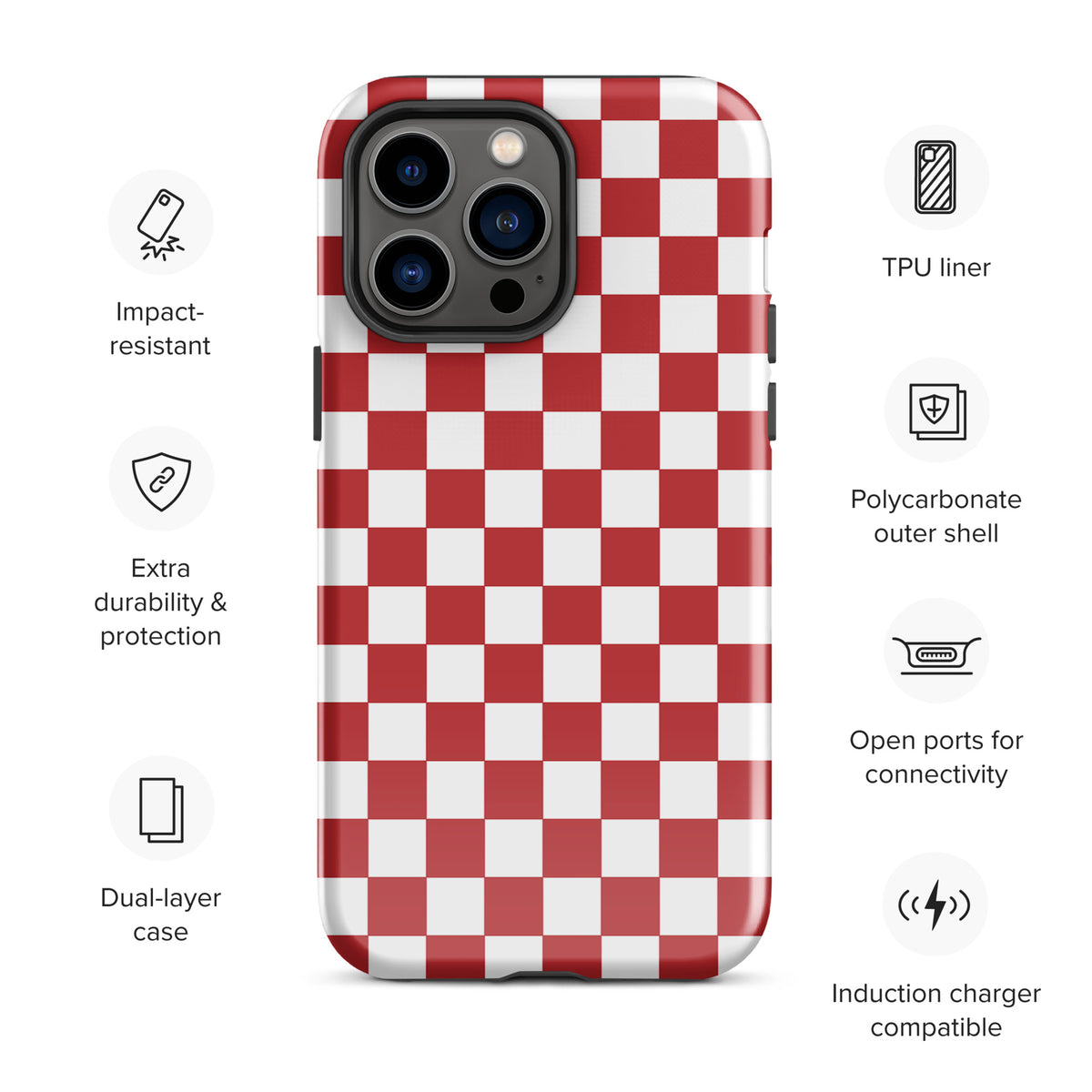 Crimson red checkered Phone Case for iPhone with impact-resistant dual-layer design and induction charger compatibility.