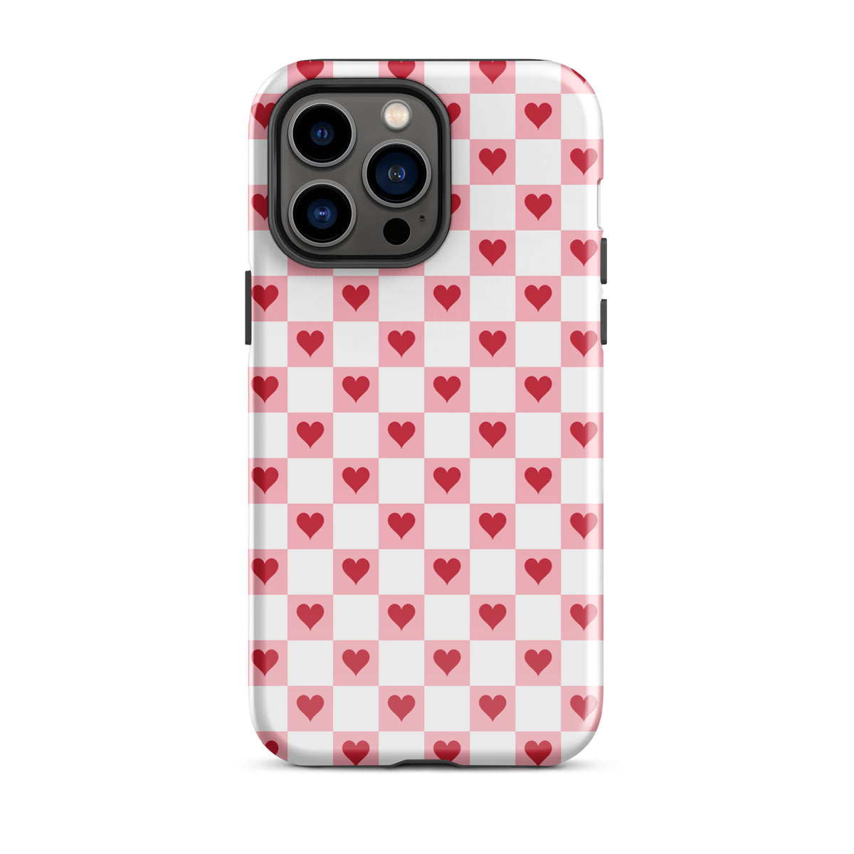 Phone Case with pink-and-white checkered design and red hearts, enhancing iPhone style and protection.
