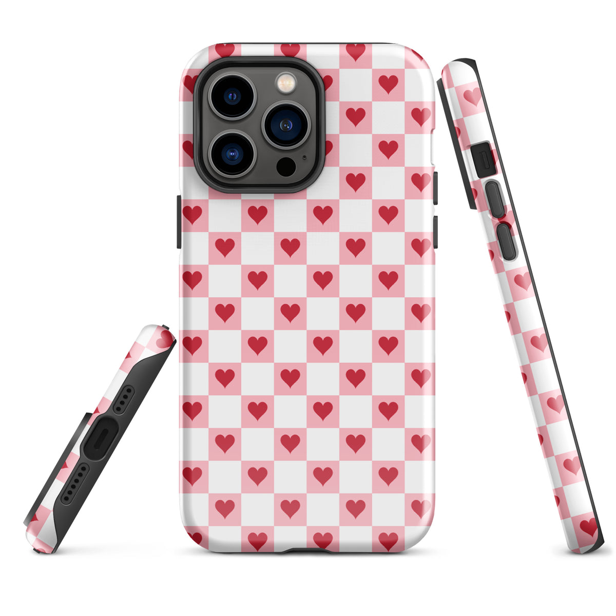 Phone Case for iPhone with pink-and-white checkered design and red hearts, showcasing charming and playful style.