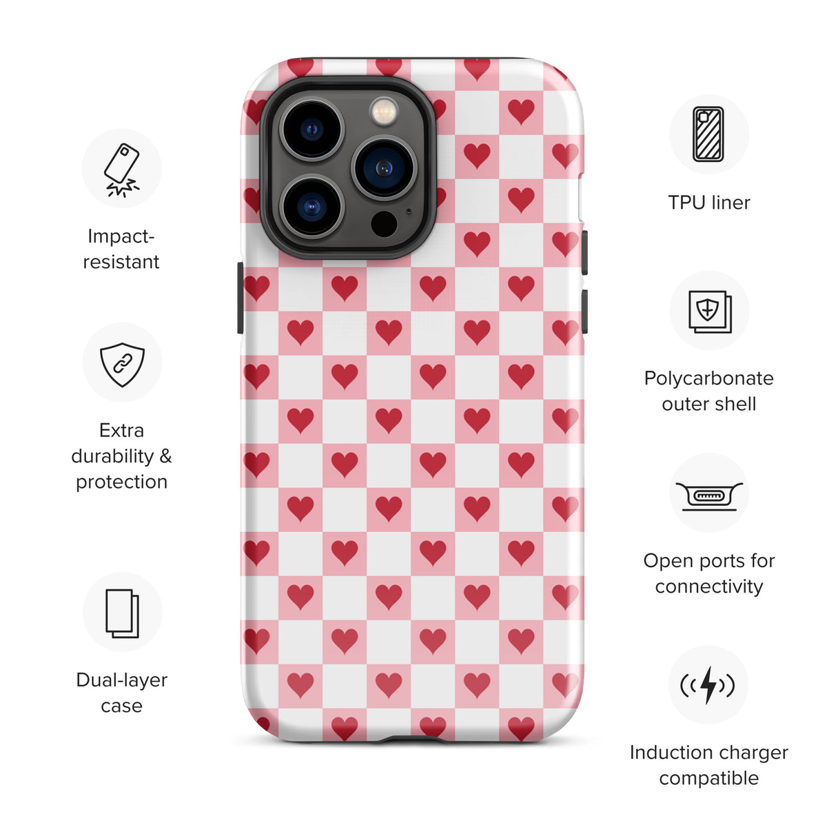 Phone Case for iPhone with pink-and-white checkered pattern and red heart design for style and protection.