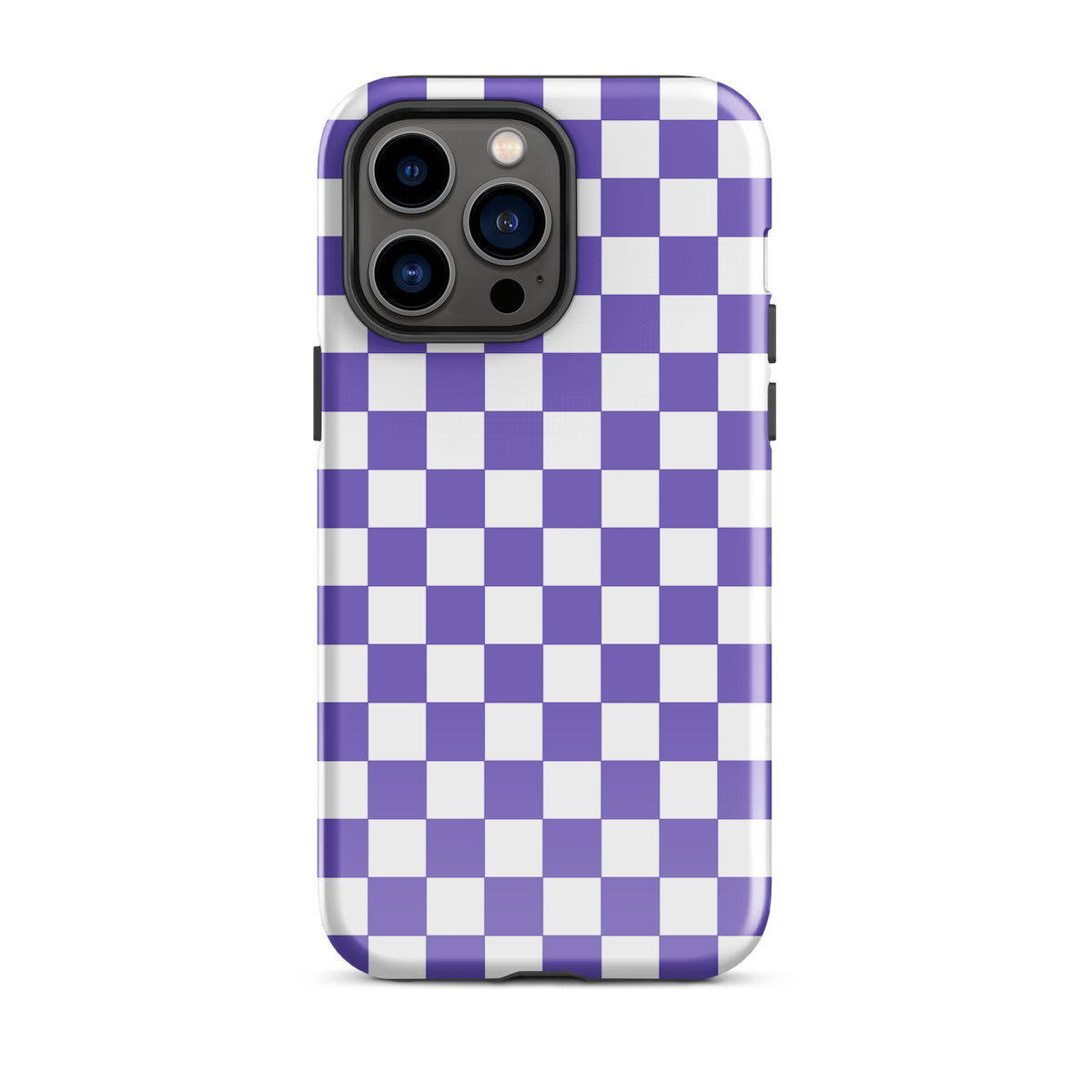 Phone Case with purple and white checkered pattern for iPhone, adding style and personality to your device.
