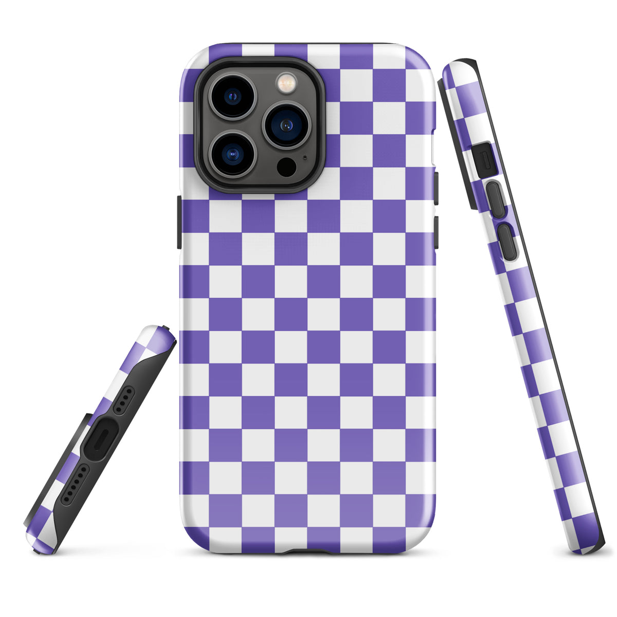 Phone Case for iPhone featuring a purple and white checkered design, adding style and personality to your phone.