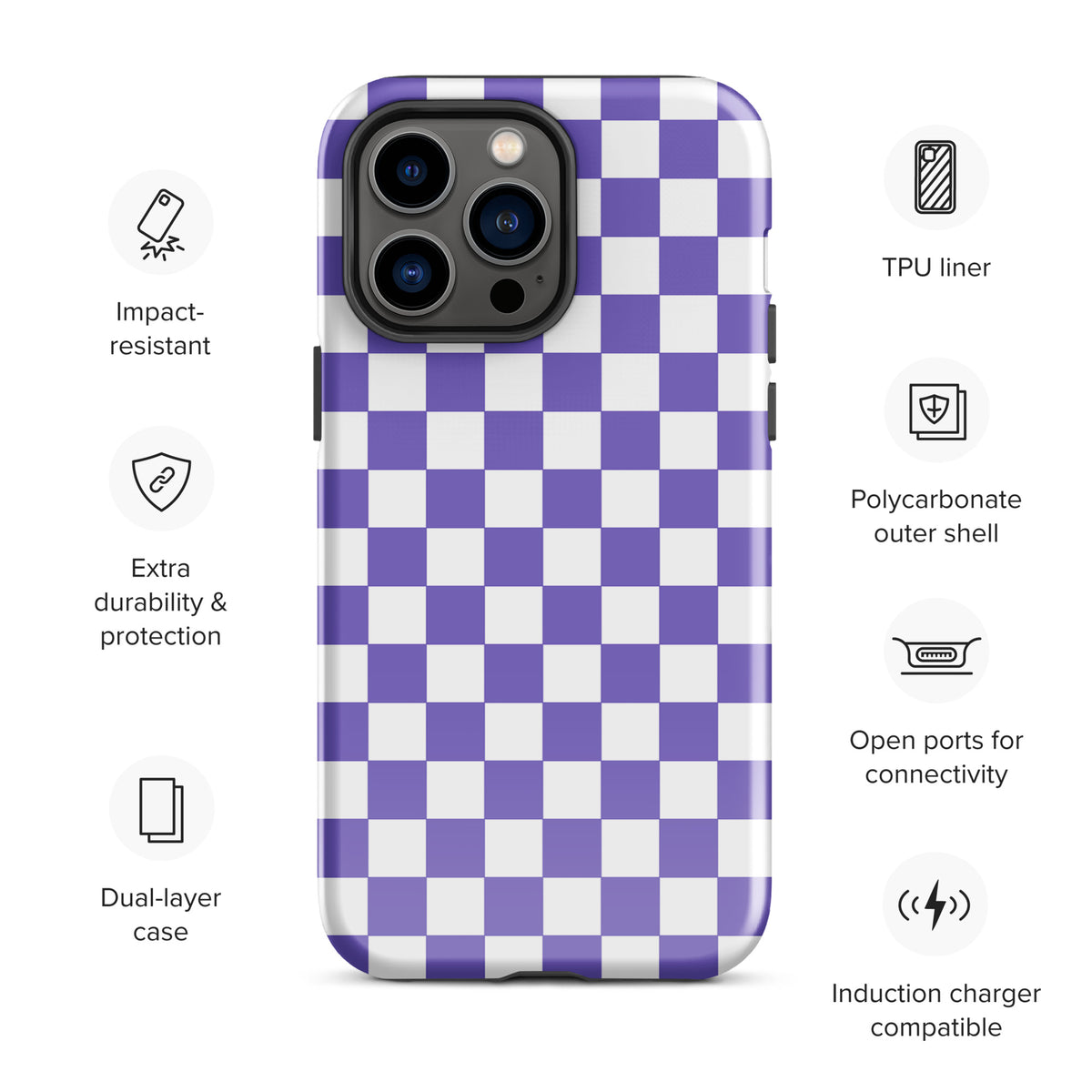 Purple and white checkered phone case for iPhone with durable design, showcasing impact resistance and style.