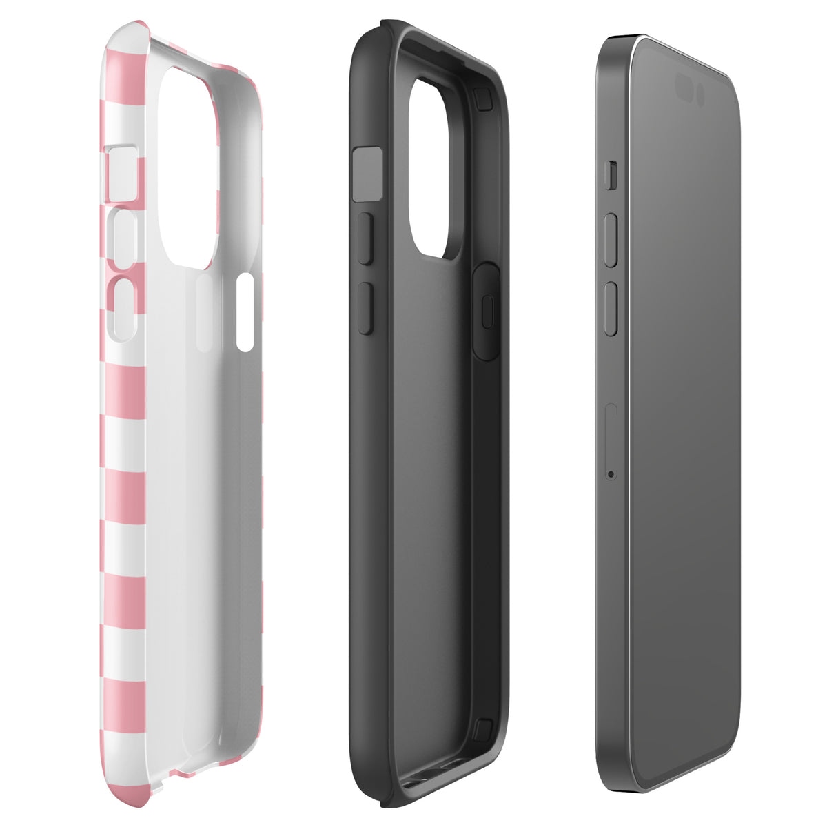 Playful pink and white checkered Phone Case for iPhone next to black inner case and smartphone.