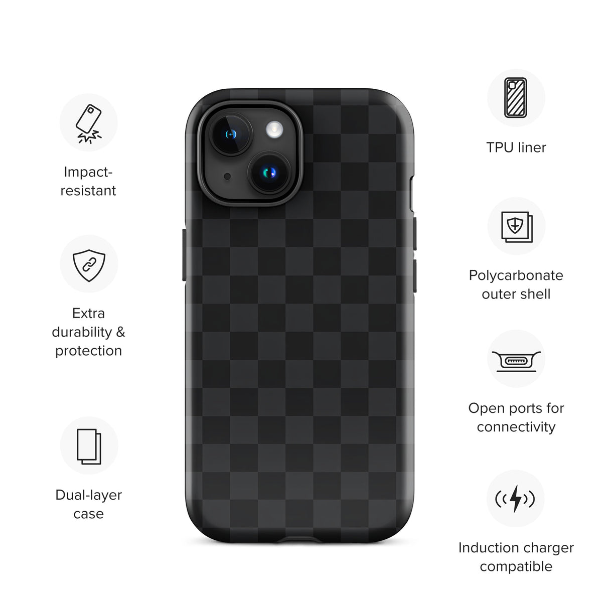 Phone Case for iPhone with black and charcoal checkered design offering impact resistance and dual-layer protection for modern minimalists.
