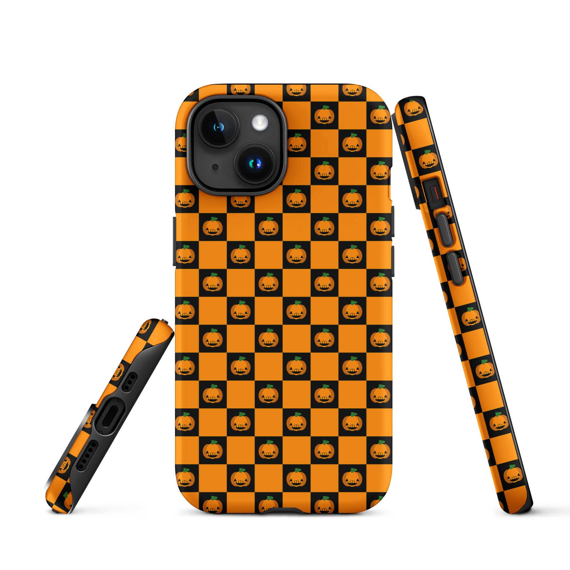 Phone Case for iPhone with a checkered Halloween design featuring playful pumpkins.
