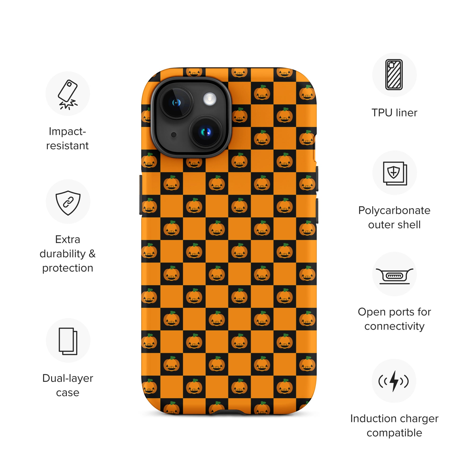 Phone Case for iPhone with playful pumpkin checkered Halloween design featuring orange and black squares with jack-o'-lanterns.