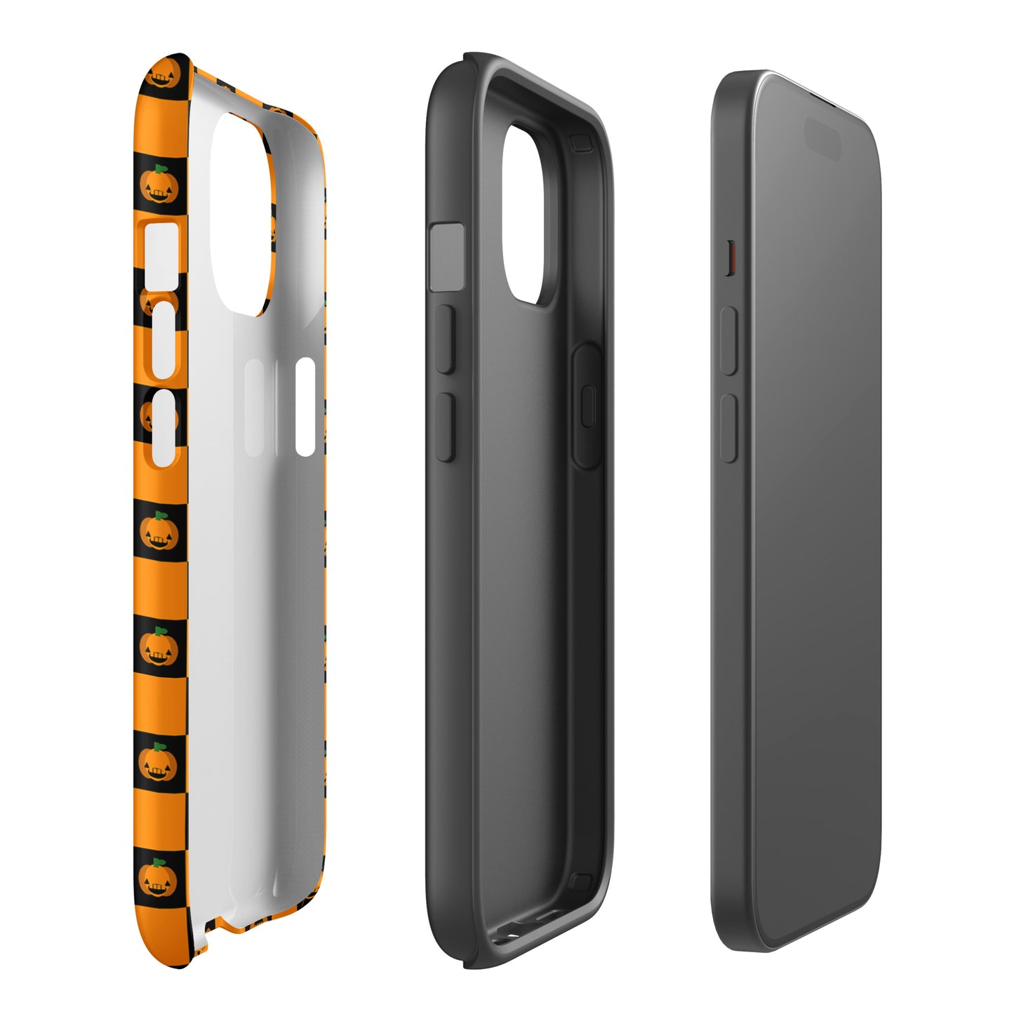 Phone Case for iPhone with Halloween pumpkin checkered design, side-by-side views of orange and black festive phone case.