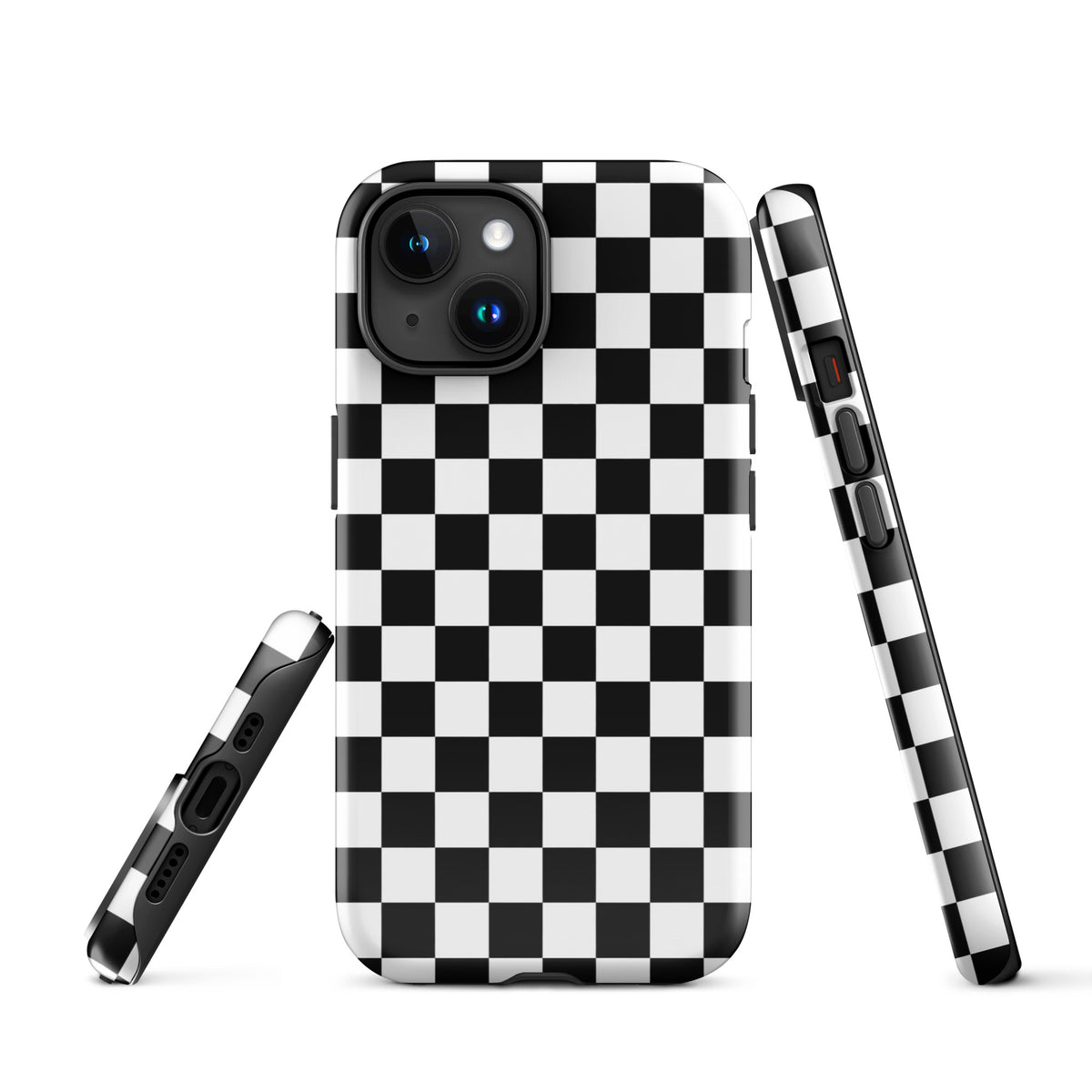 Bold checkered Phone Case for iPhone with black and white pattern. Tough case design showcasing playful racing style.