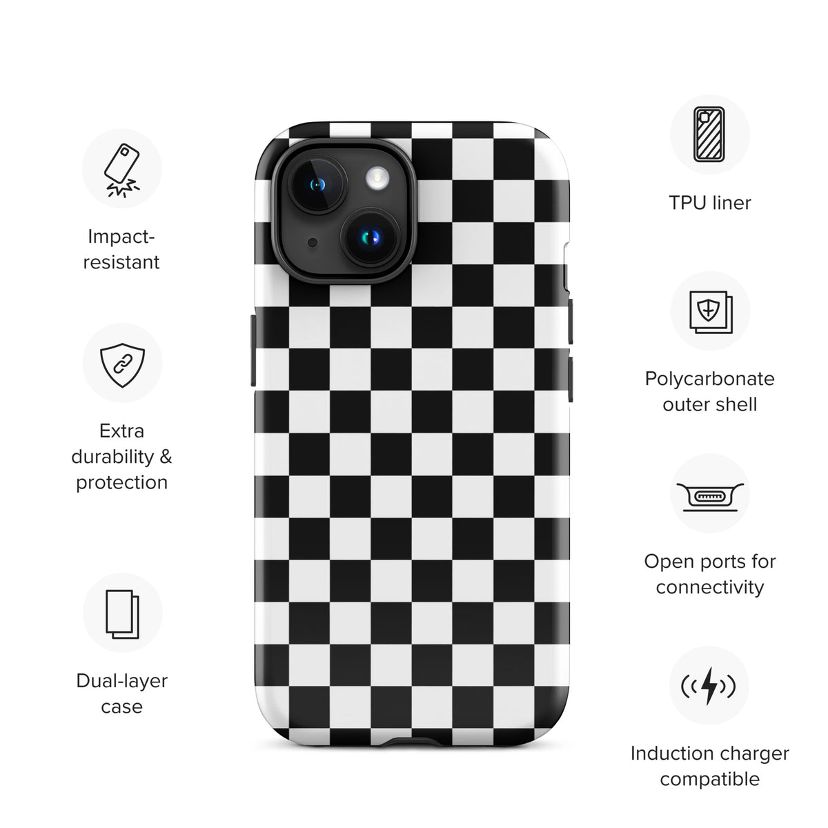Bold checkered Phone Case for iPhone with black and white pattern showcasing durability and racing-inspired design.
