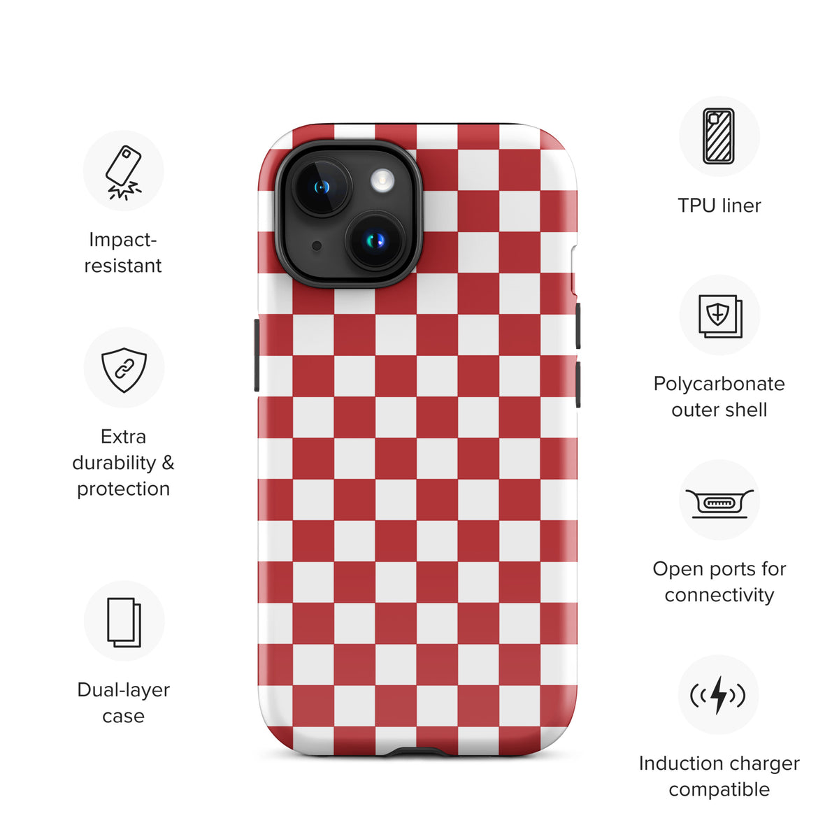 Phone Case for iPhone with crimson red checkered design, featuring impact-resistant and durable polycarbonate material.