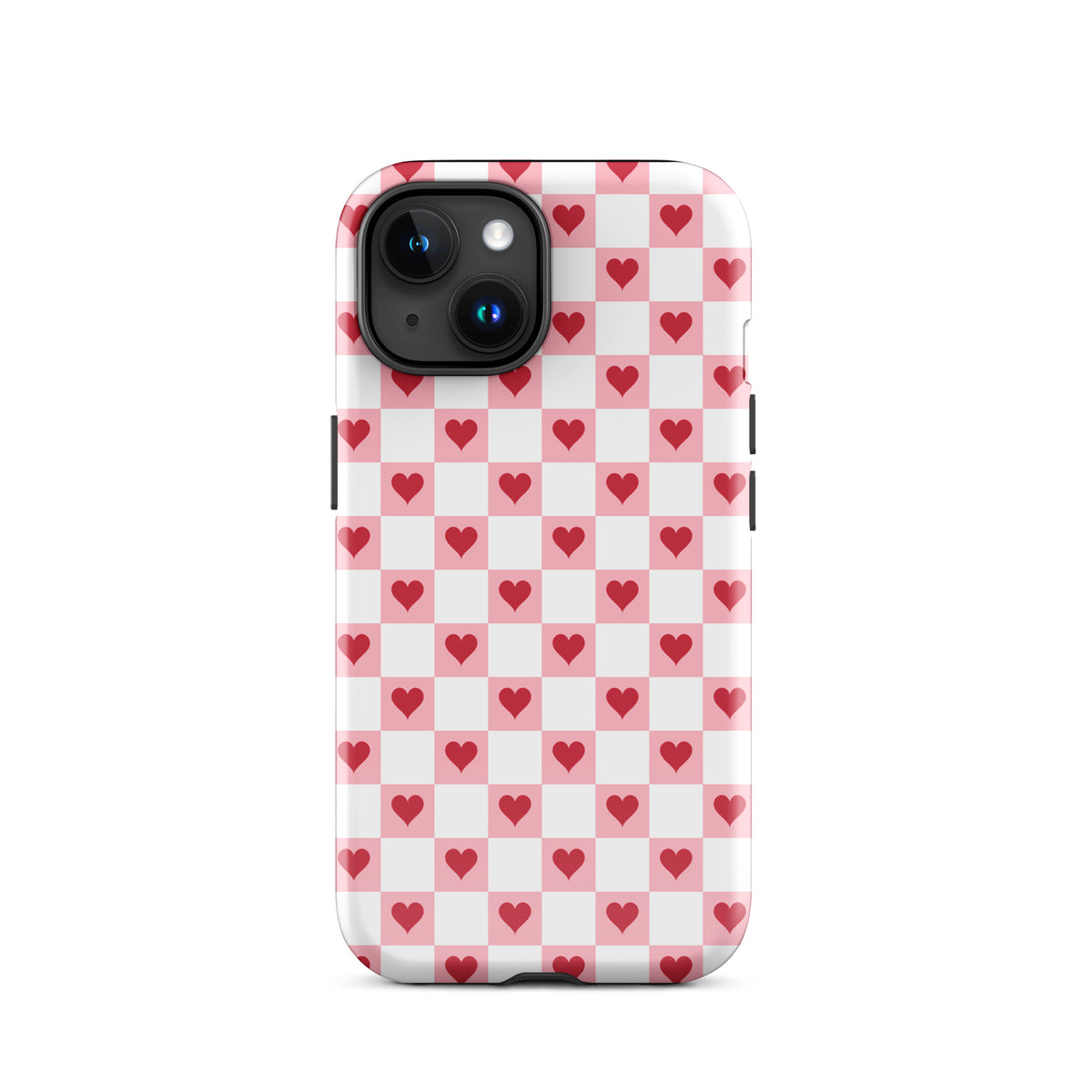 Phone Case for iPhone with pink-and-white checkered design and red hearts pattern.