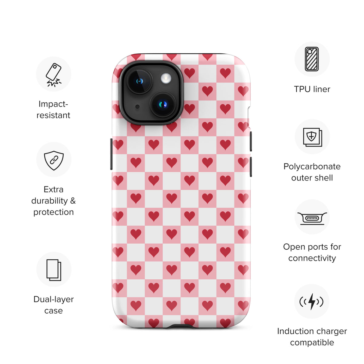 Phone Case for iPhone - Pink and White with Red Hearts Checkered Design, impact-resistant, dual-layer protection.