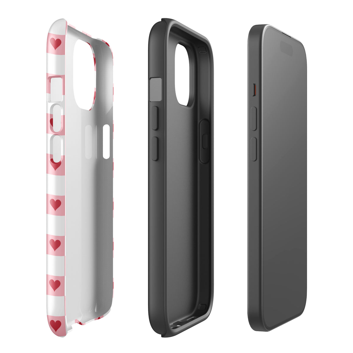 Phone Case for iPhone with pink-and-white checkered design and red hearts pattern showing front, back, and side views.
