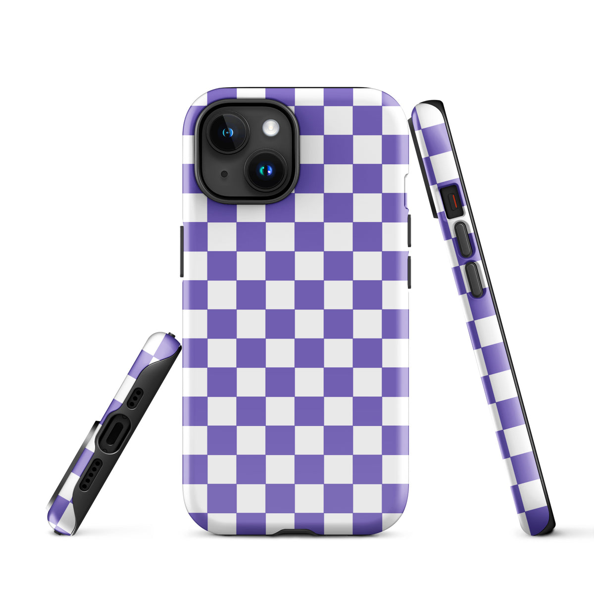 Phone Case for iPhone with purple and white checkered pattern, stylish and bold design for a fun and fashionable look.