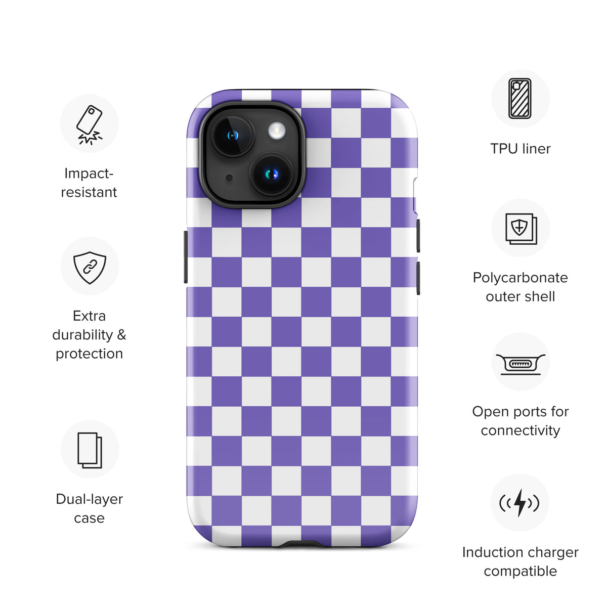 Phone Case for iPhone with purple and white checkered pattern, featuring impact resistance and polycarbonate shell for style and protection.
