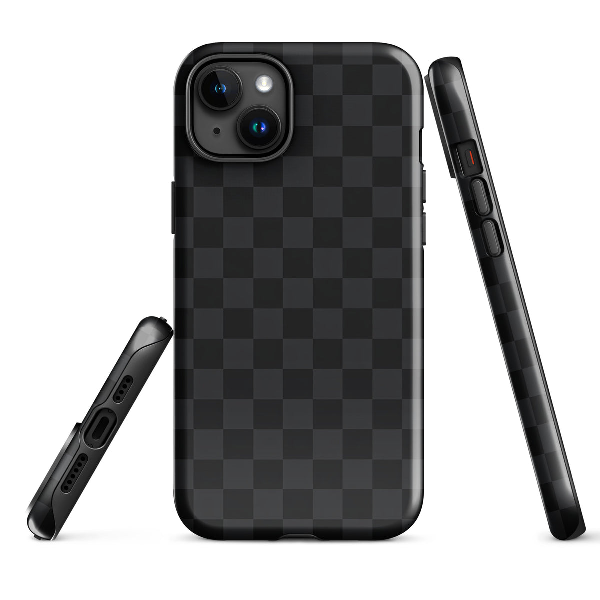 Phone Case for iPhone: black and charcoal checkered design, sleek and modern, protective cover for minimalists.