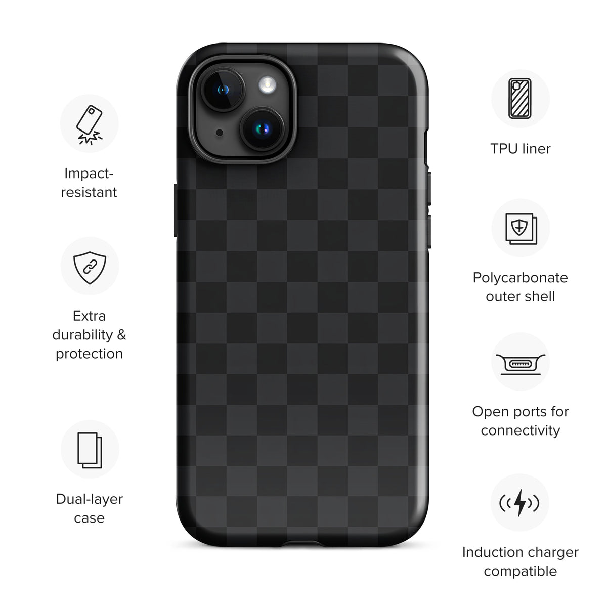 Phone Case with black and charcoal checkered design for iPhone, showcasing multiple features like durability, impact resistance, and TPU liner.