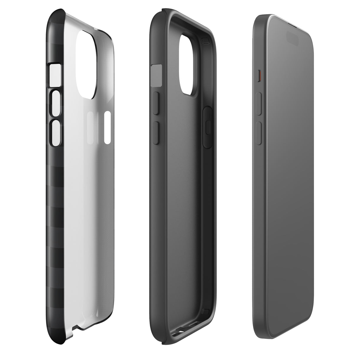 Phone Case for iPhone in black & charcoal checkered design, modern minimalist style, displaying detailed side and back views.