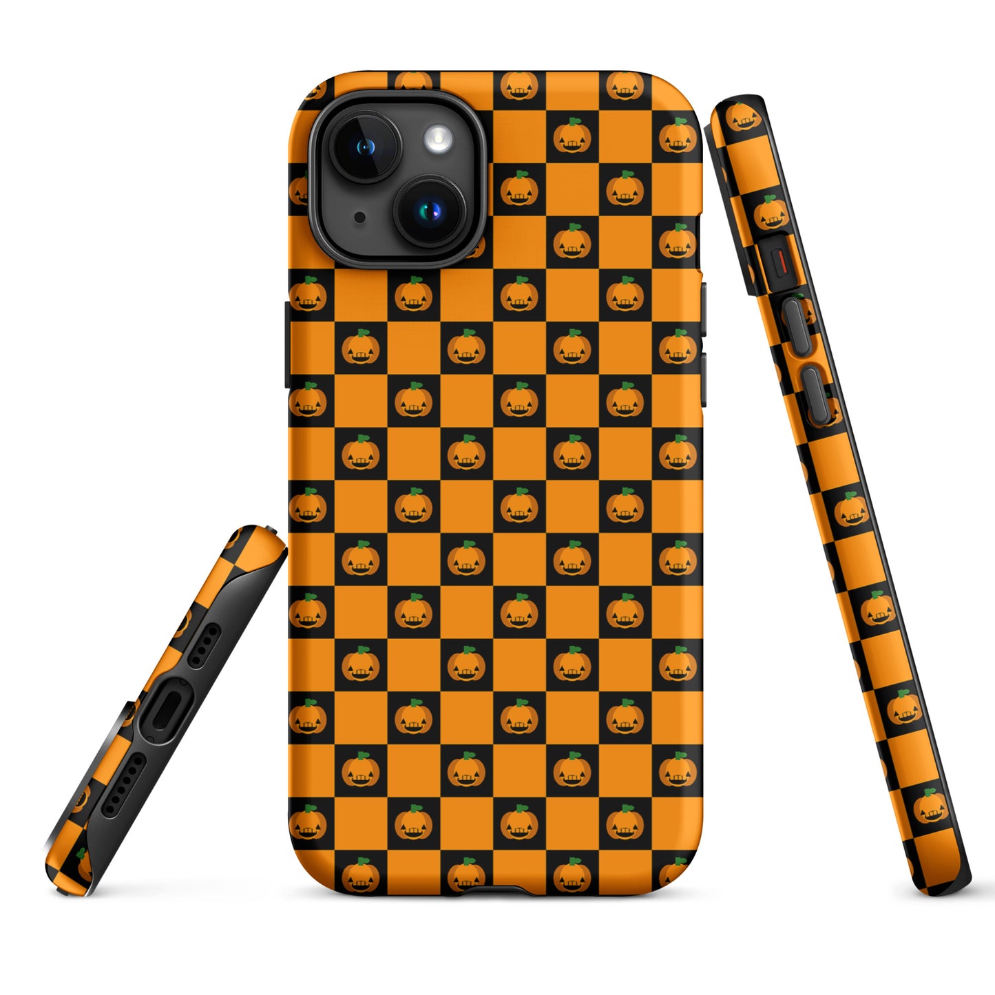 Phone Case for iPhone with playful pumpkin checkered Halloween design, featuring orange and black squares and jack-o’-lanterns.