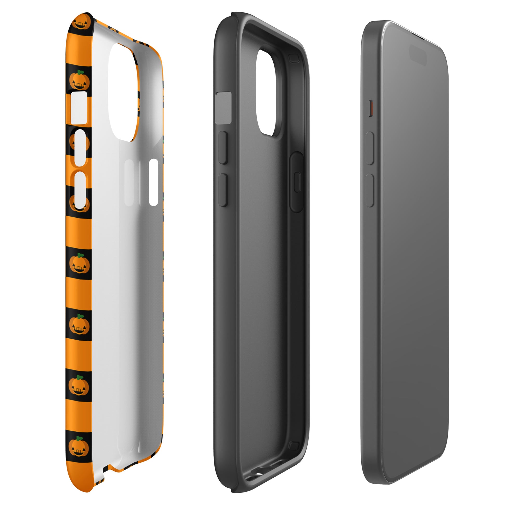 Phone Case for iPhone with playful pumpkin checkered Halloween design, featuring orange and black squares with jack-o'-lanterns.