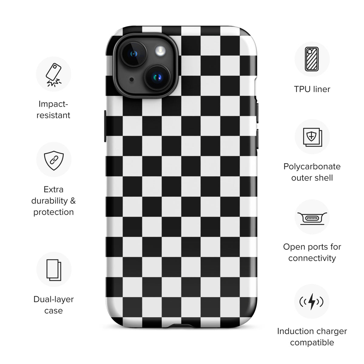 Phone Case for iPhone with bold checkered pattern, impact-resistant, dual-layer, TPU liner, and polycarbonate shell.