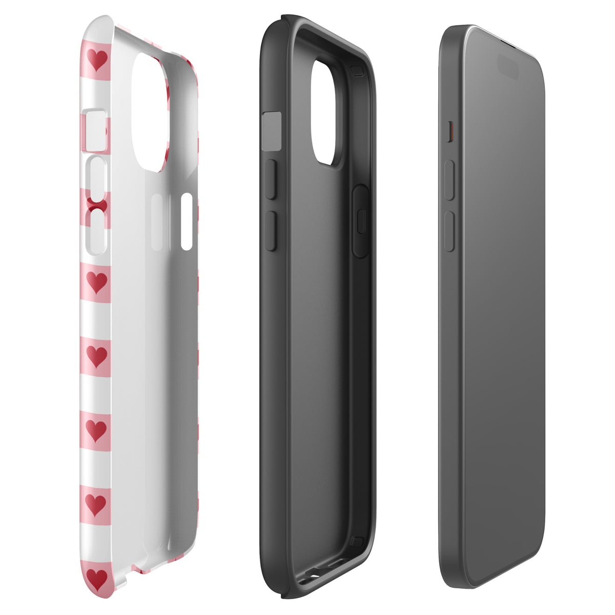 Phone Case with pink-and-white checkered design featuring red hearts for iPhone, shown in three angles.