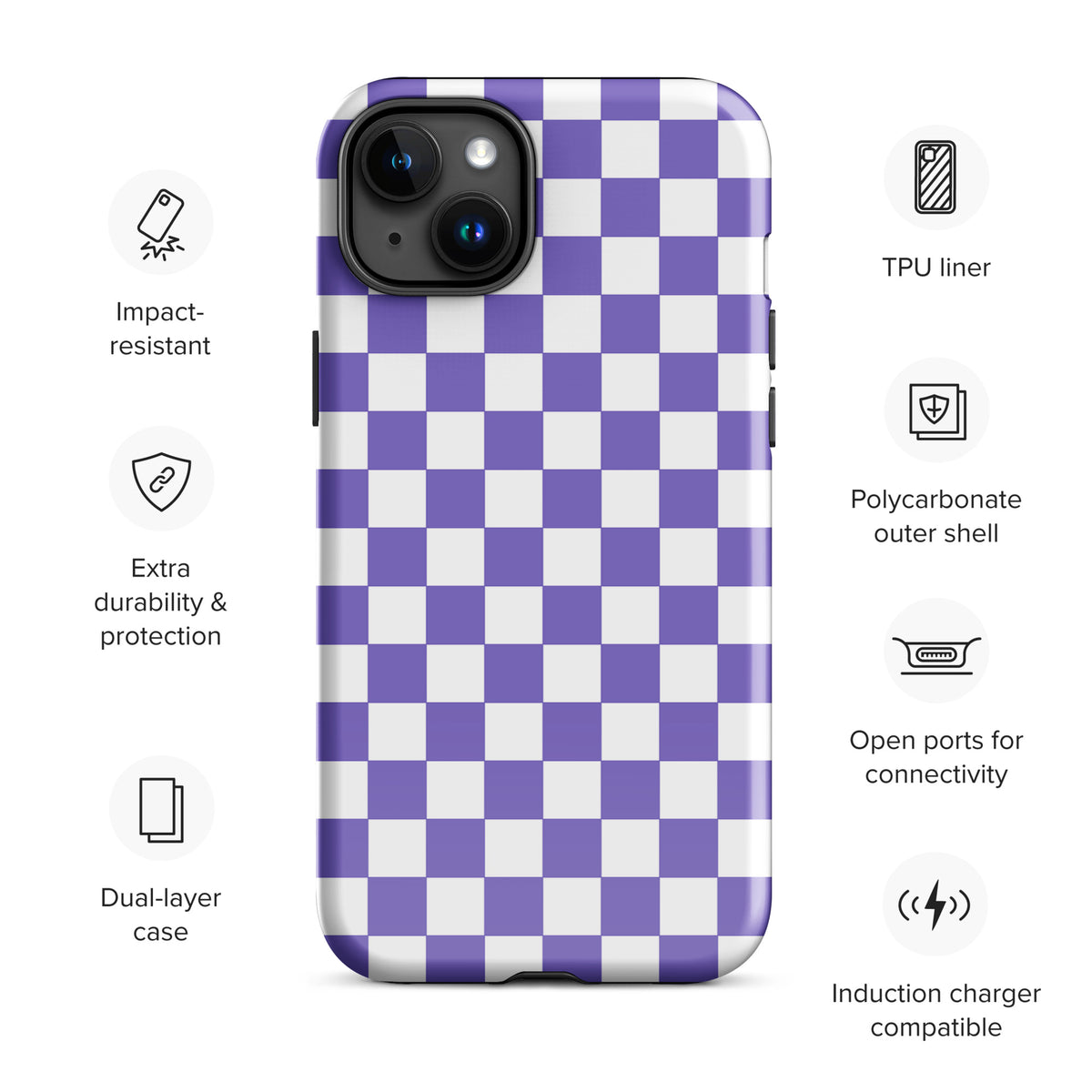 Phone Case for iPhone with purple and white checkered pattern, featuring impact-resistant polycarbonate shell and open connectivity ports.