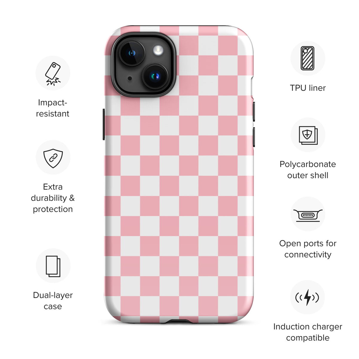 Phone Case for iPhone with playful pink and white checkered pattern, impact-resistant, dual-layer, induction charger compatible design.