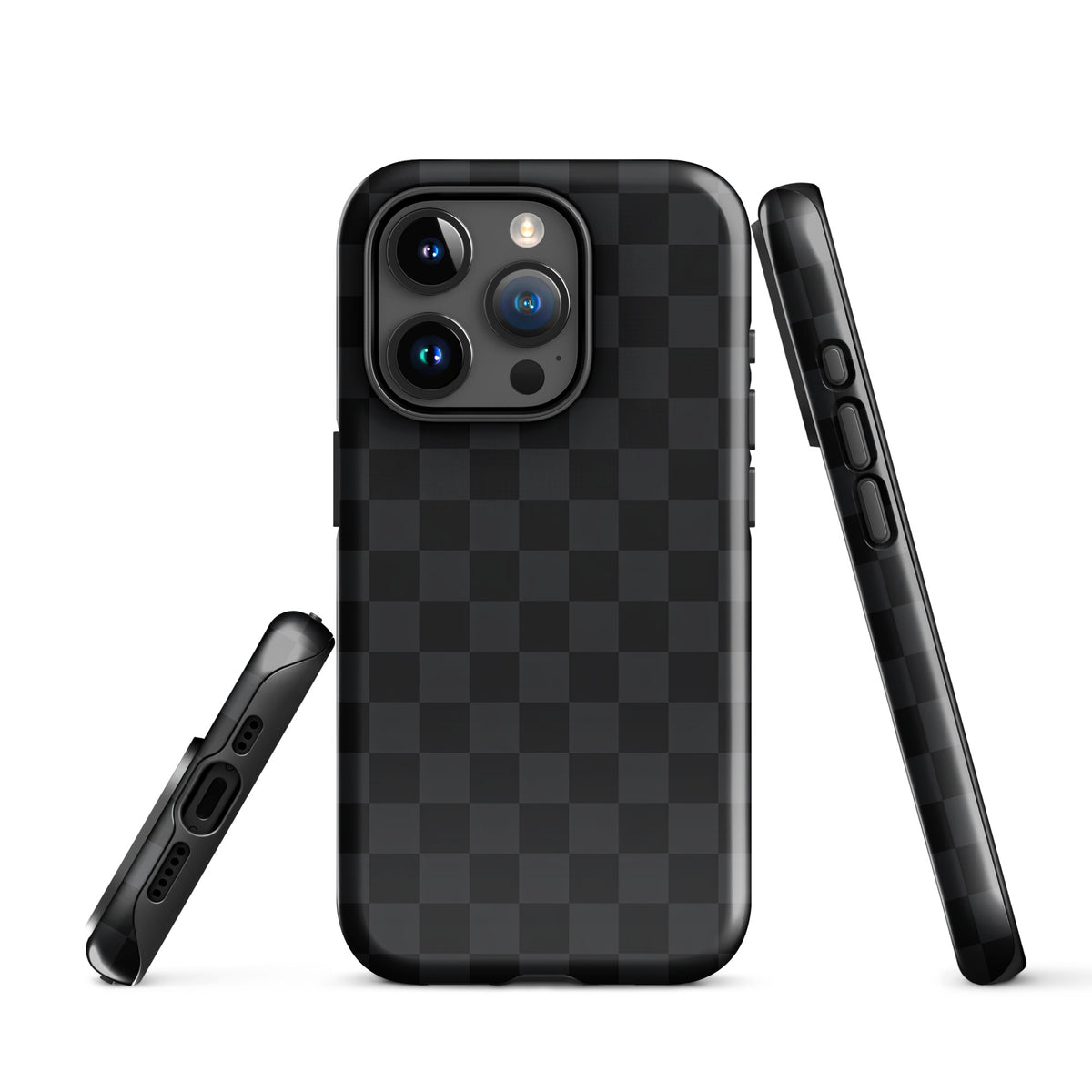 Phone Case for iPhone in black and charcoal checkered design, modern minimalist style.