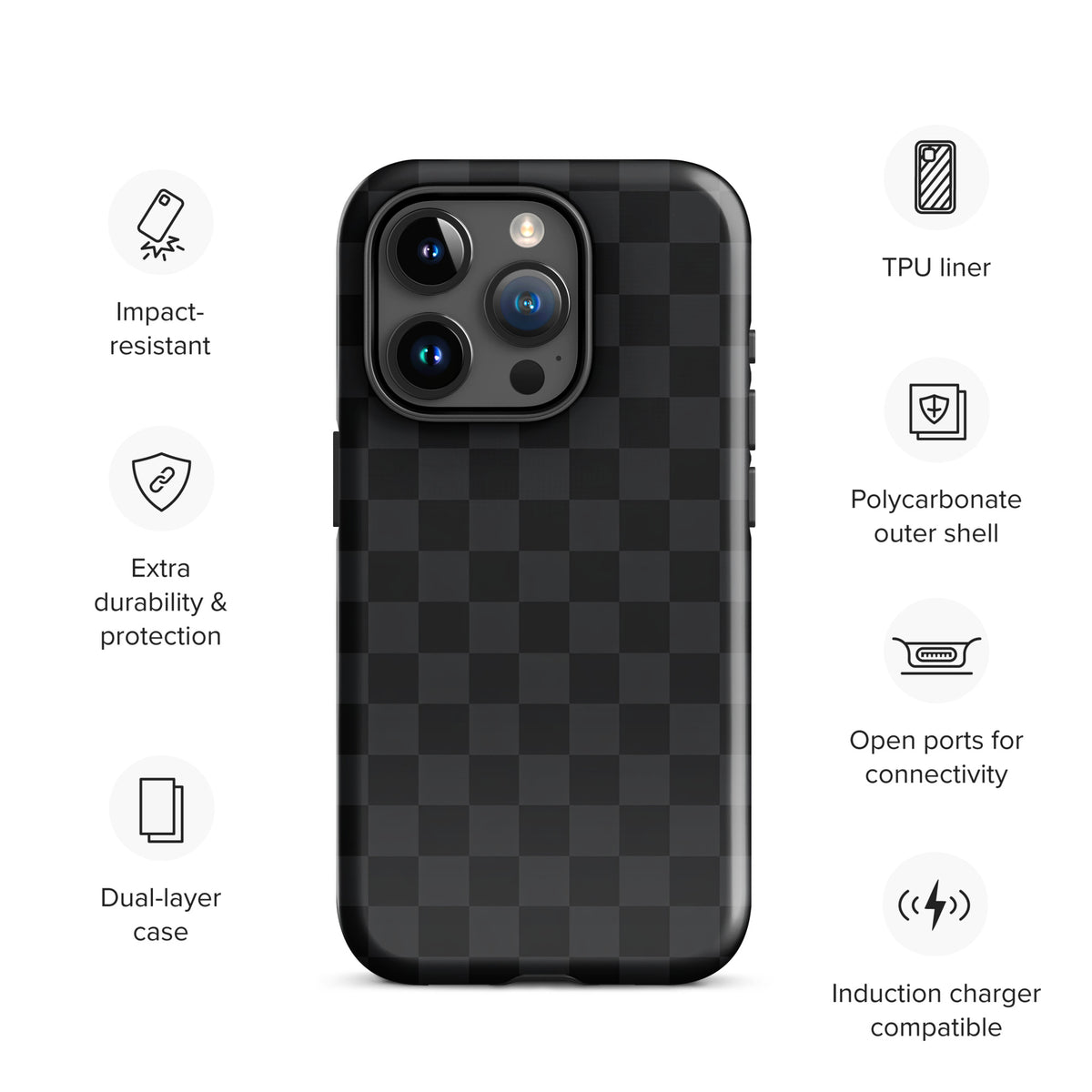 Phone Case with black and charcoal checkered design on iPhone, highlighting impact resistant, extra durability features, dual-layer protection.