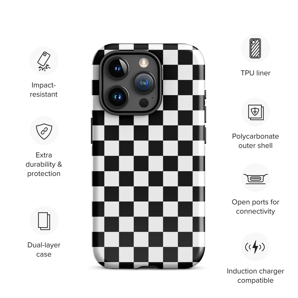 Phone Case for iPhone with black and white checkered pattern, impact-resistant, induction charger compatible, dual-layer protection.