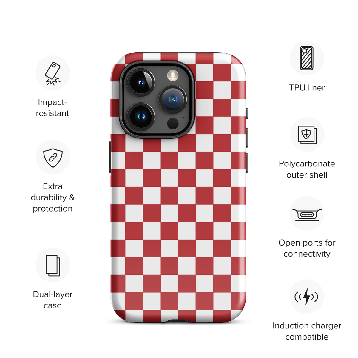 Phone Case for iPhone with crimson red checkered design, highlighting impact-resistant features and extra durability for style and protection.