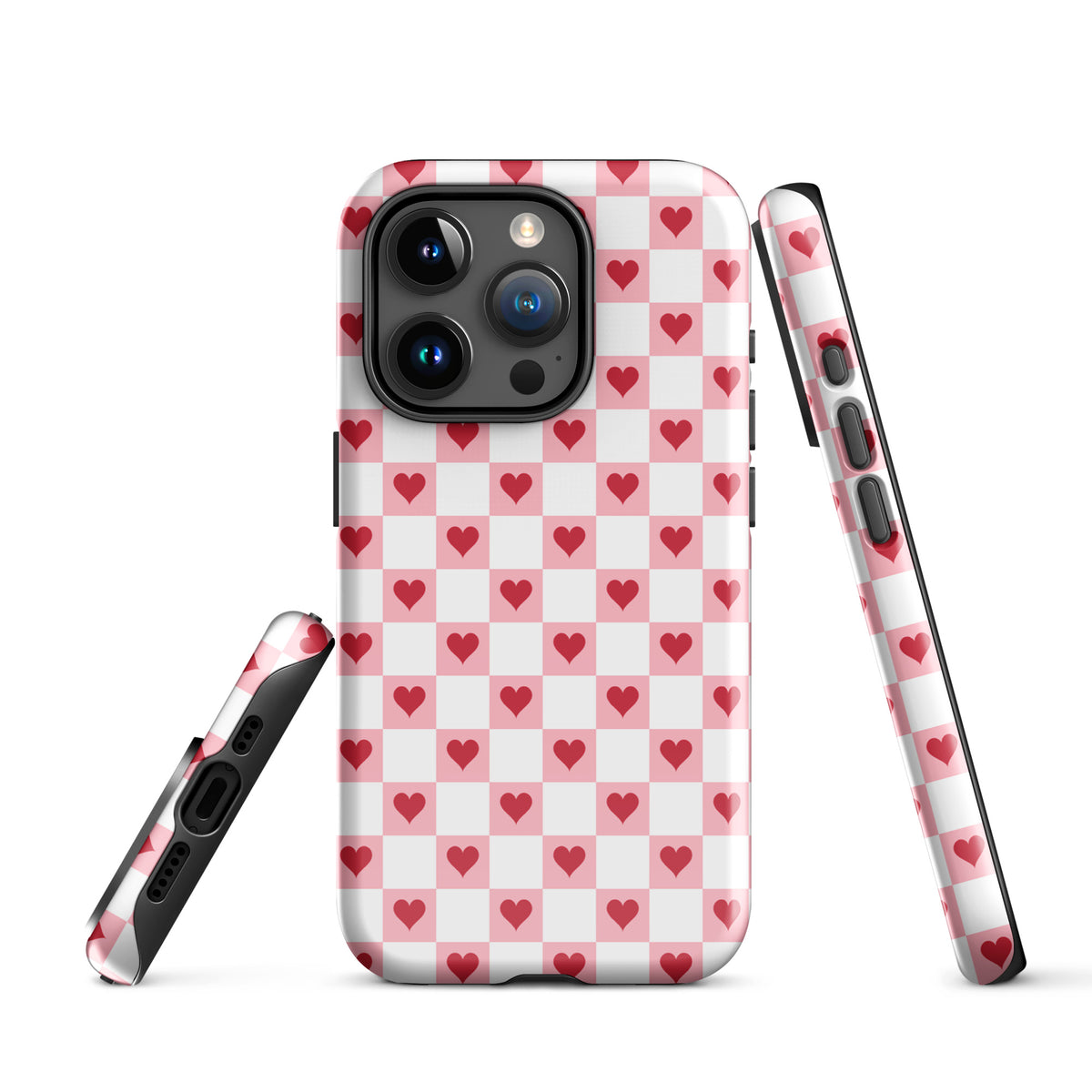 Pink-and-white Phone Case with red hearts checkered design for iPhone, displaying charm and modern style.