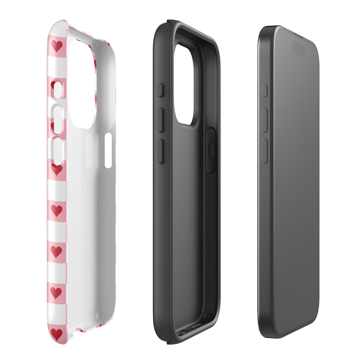 Phone Case for iPhone with pink-and-white checkered design and red hearts, showcasing front, back, and side views.