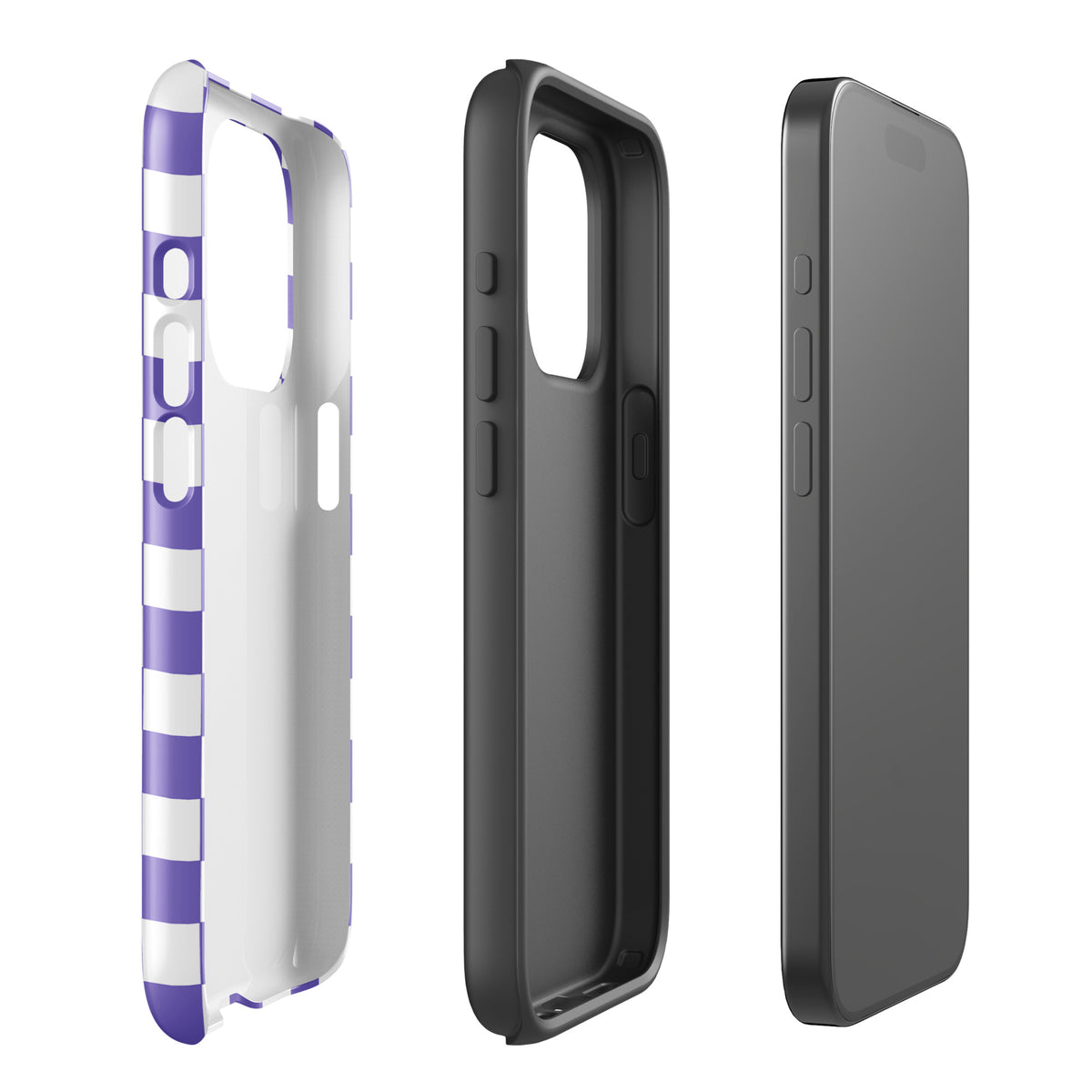 Purple and white checkered Phone Case for iPhone displayed from three angles.