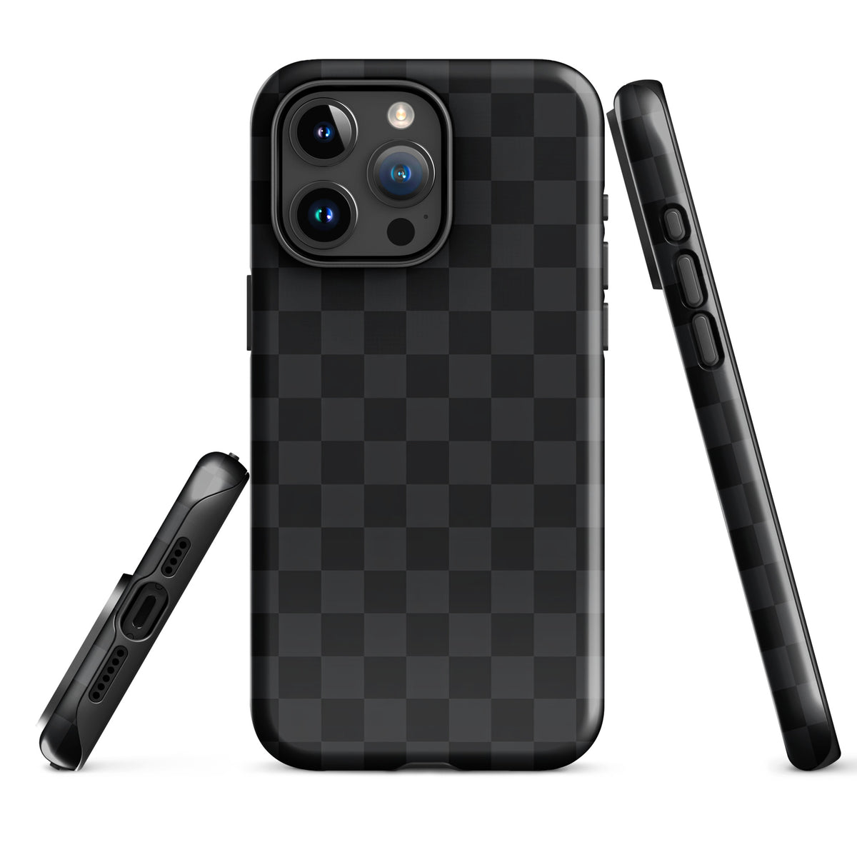 Phone Case with black and charcoal checkered design for iPhone, modern minimalist style, sleek and protective accessory
