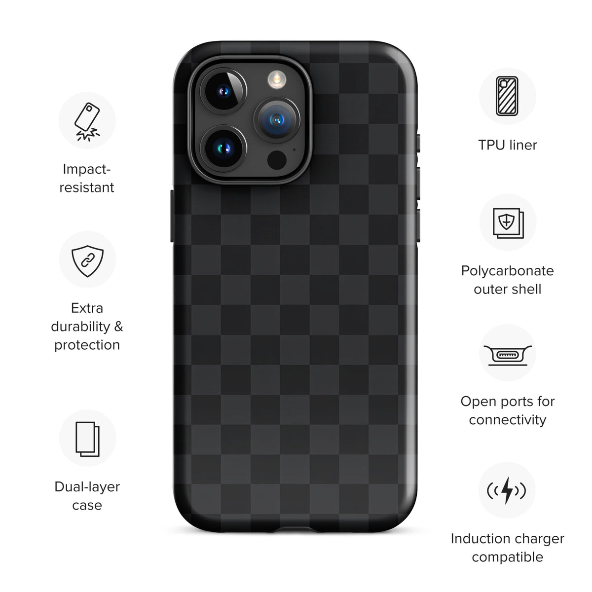 Phone Case for iPhone with black and charcoal checkered design, showing impact resistance, polycarbonate shell, and dual-layer protection.