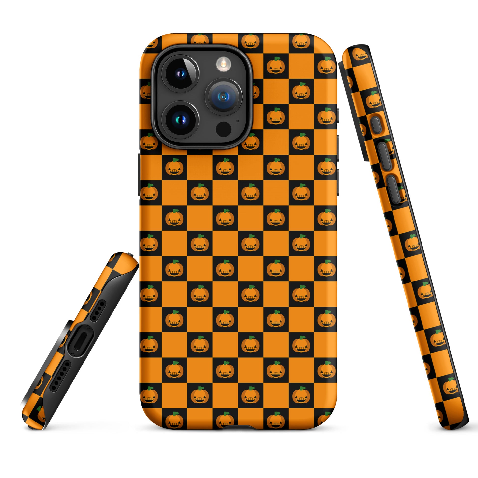 Phone Case for iPhone with playful pumpkin checkered Halloween design featuring orange and black squares and jack-o'-lantern faces.
