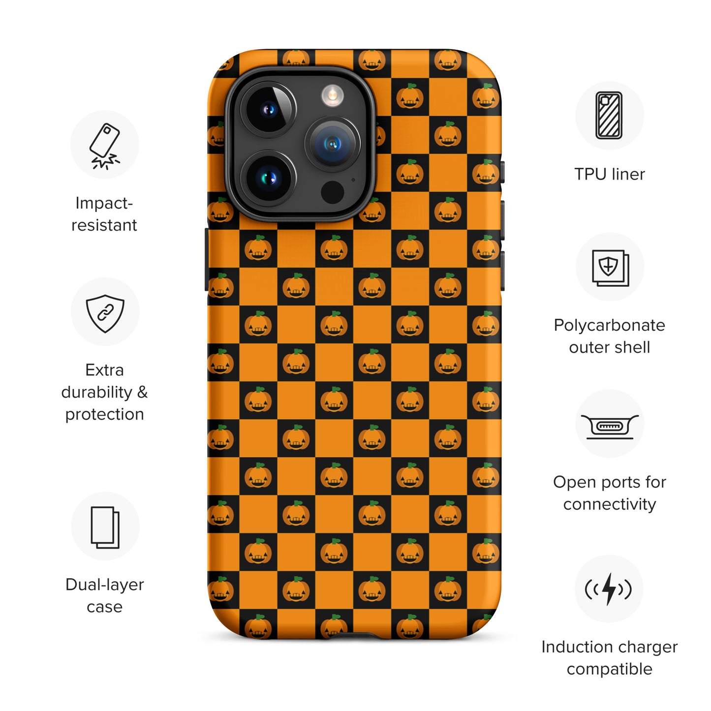 Phone Case for iPhone with Halloween pumpkin checkered design, featuring black and orange squares for festive October vibes.